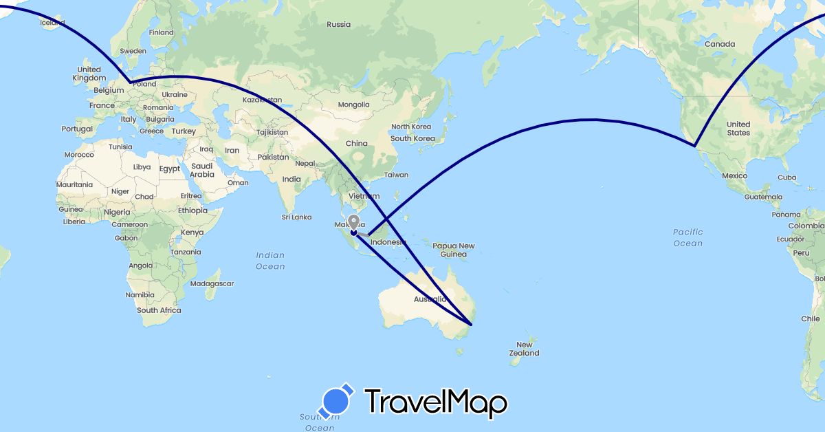 TravelMap itinerary: driving, plane in Australia, Germany, Indonesia, Singapore, United States (Asia, Europe, North America, Oceania)